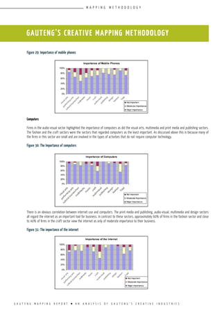 G A U T E N G M A P P I N G R E P O R T l A N A N A L Y S I S O F G A U T E N G ’ S C R E A T I V E I N D U S T R I E S
Figure 29: Importance of mobile phones
Computers
Firms in the audio-visual sector highlighted the importance of computers as did the visual arts, multimedia and print media and publishing sectors.
The fashion and the craft sectors were the sectors that regarded computers as the least important. As discussed above this is because many of
the firms in this sector are small and are involved in the types of activities that do not require computer technology.
Figure 30: The Importance of computers
There is an obvious correlation between internet use and computers. The print media and publishing, audio-visual, multimedia and design sectors
all regard the internet as an important tool for business. In contrast to these sectors, approximately 60% of firms in the fashion sector and close
to 40% of firms in the craft sector view the internet as only of moderate importance to their business.
Figure 31: The importance of the internet
GAUTENG’S CREATIVE MAPPING METHODOLOGY
M A P P I N G M E T H O D O L O G Y
 