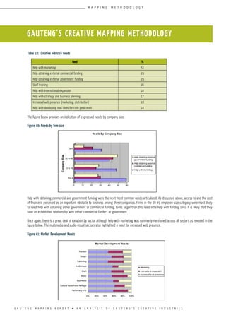 G A U T E N G M A P P I N G R E P O R T l A N A N A L Y S I S O F G A U T E N G ’ S C R E A T I V E I N D U S T R I E S
Table 18: Creative Industry needs
The figure below provides an indication of expressed needs by company size:
Figure 40: Needs by firm size
Help with obtaining commercial and government funding were the next most common needs articulated. As discussed above, access to and the cost
of finance is perceived as an important obstacle to business among these companies. Firms in the 20-49 employee size category were most likely
to need help with obtaining either government or commercial funding. Firms larger than this need little help with funding since it is likely that they
have an established relationship with either commercial funders or government.
Once again, there is a great deal of variation by sector although help with marketing was commonly mentioned across all sectors as revealed in the
figure below. The multimedia and audio-visual sectors also highlighted a need for increased web presence.
Figure 41: Market Development Needs
GAUTENG’S CREATIVE MAPPING METHODOLOGY
Need %
Help with marketing 51
Help obtaining external commercial funding 29
Help obtaining external government funding 29
Staff training 26
Help with international expansion 24
Help with strategy and business planning 17
Increased web presence (marketing, distribution) 18
Help with developing new ideas for cash generation 14
M A P P I N G M E T H O D O L O G Y
 