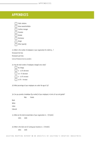 G A U T E N G M A P P I N G R E P O R T l A N A N A L Y S I S O F G A U T E N G ’ S C R E A T I V E I N D U S T R I E S
	 Public relations								
	 Venue owner/exhibitor							
	 Facilities manager								
	 Promoter									
	 Retailer									
	 Distributor									
	 Design									
	 Other (specify)								
										
23. What is the number of employees in your organization for 2006 by ...?		
Permanent-full time	 	 						
Permanent part-time	 	 						
Contract/freelancers/service providers	 		 				
										
24. Has the total number of employees changed since 2005?				
	 No change								
	 0 - 10 % decrease								
	 10 + % decrease								
	 0 - 10 % increase								
	 10 % + increase								
										
28. What percentage of your employees are under the age of 35?			
										
										
30. Can you provide a breakdown (by number) of your employees in terms of race and gender?
	 	 Male	 Female							
Black	 	 							
White	 	 							
Indian	 	 							
Coloured	 	 							
										
33. What are the total turnover/sales of your organization in ...? (R 000’s)			
	 2005	 2006								
	 	 								
										
36. What is the total cost of running your business in …? (R 000’s)			
	 2005	 2006								
appendices
appendices
 