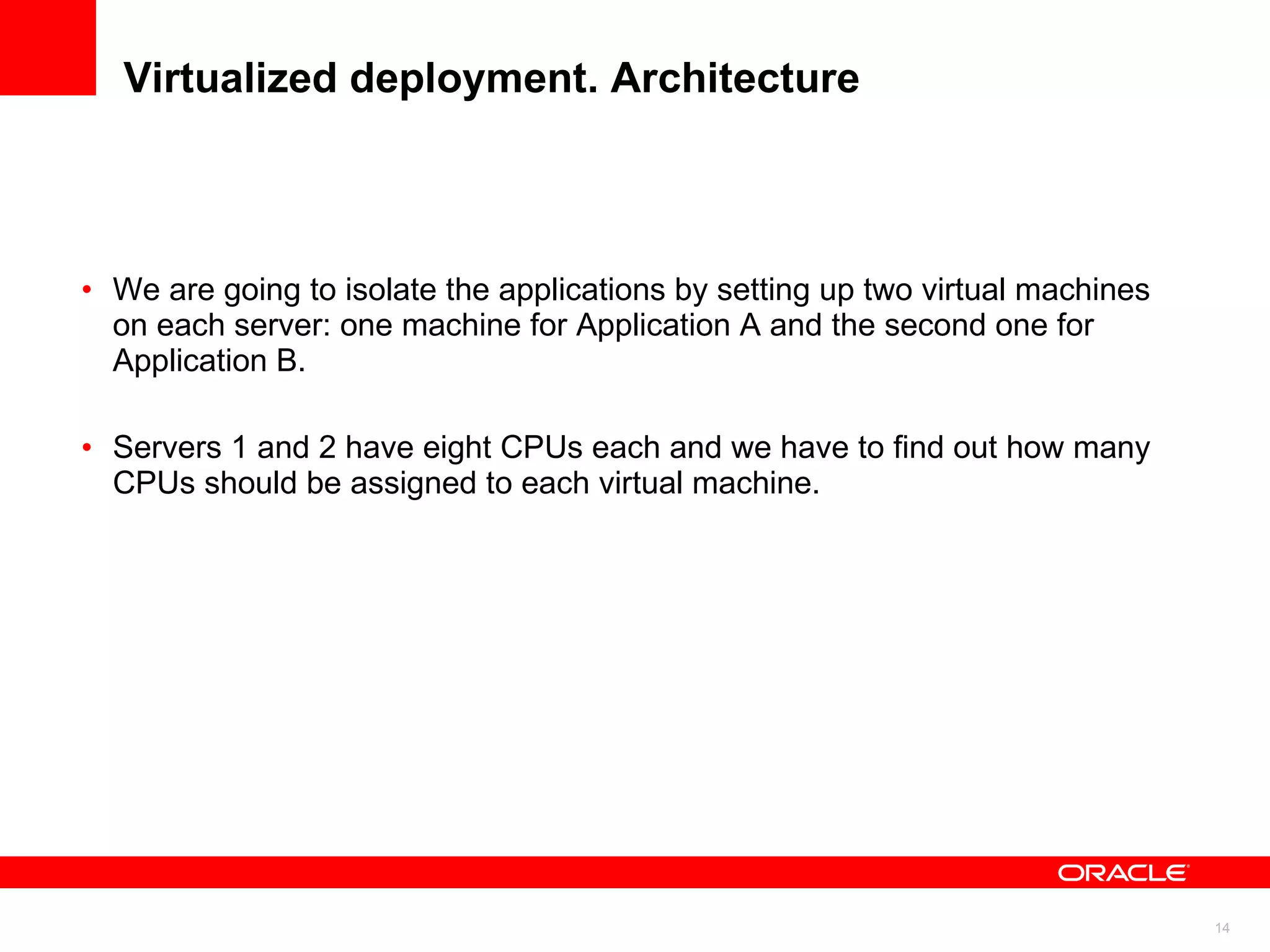 Virtualized deployment. Architecture We are going to isolate the applications by setting up two virtual machines on each server: one machine for Application A and the second one for Application B. Servers 1 and 2 have eight CPUs each and we have to find out how many CPUs should be assigned to each virtual machine.  