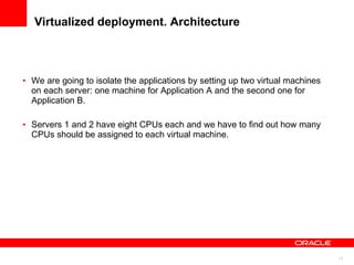 Virtualized deployment. Architecture We are going to isolate the applications by setting up two virtual machines on each server: one machine for Application A and the second one for Application B. Servers 1 and 2 have eight CPUs each and we have to find out how many CPUs should be assigned to each virtual machine.  
