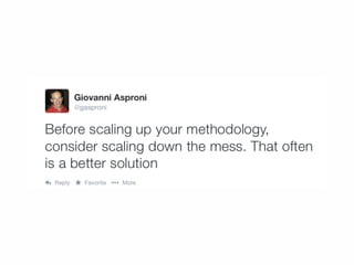Don’t Over-constrain The System 
• Choose only the practices that match your main 
goals 
• Leave secondary things alone 
• Let people have some initiative 
• You cannot predict everything 
• Remember the importance of the informal parts 
 