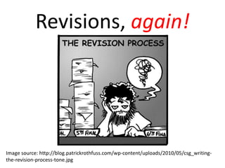 Revisions, again!
Image source: http://blog.patrickrothfuss.com/wp-content/uploads/2010/05/csg_writing-
the-revision-process-tone.jpg
 