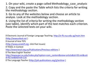 1. On your wiki, create a page called Methodology_case_analysis
2. Copy and the paste the Table which lists the criteria for writing
the methodology section.
3. Go to any of the websites below and choose an article to
analyze. Look at the methodology section.
4. Using the list of criteria for writing the methodology section
(see table), identify which part of the text matches each criterion.
Paste the selected texts on your wiki.
Electronic Journal of Foreign Language Teaching http://e-flt.nus.edu.sg/main.htm
(http://www.elted.net )
Journal of Asia TEFL
(http://www.asiatefl.org click Past Issues)
TESOL in Context
http://www.tesol.org.au/Publications/Previous-editions )
The New English Teacher
http://www.gse.au.edu/index.php?option=com_content&view=article&id=93:net&cati
d=42:net&Itemid=116
The Language Teacher (http://jalt-publications.org/jj/archive )
 