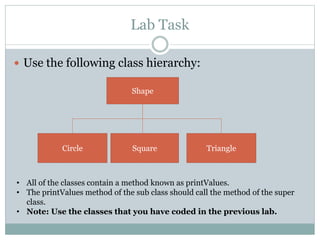 Lab Task
 Use the following class hierarchy:
Shape
Circle Square Triangle
• All of the classes contain a method known as printValues.
• The printValues method of the sub class should call the method of the super
class.
• Note: Use the classes that you have coded in the previous lab.
 