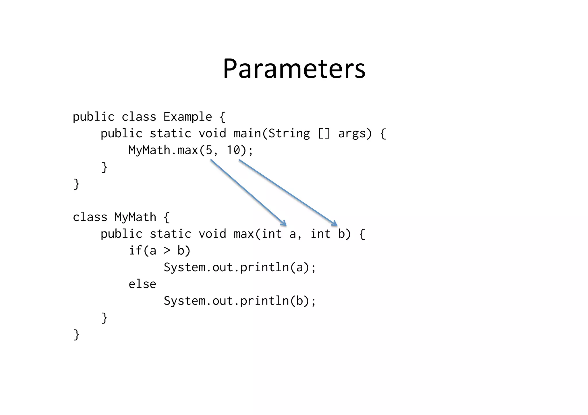 Parameters	
  
public class Example {
public static void main(String [] args) {
MyMath.max(5, 10);
}
}
class MyMath {
public static void max(int a, int b) {
if(a > b)
System.out.println(a);
else
System.out.println(b);
}
}
 