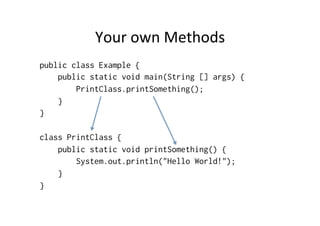 Your	
  own	
  Methods	
  
public class Example {
public static void main(String [] args) {
PrintClass.printSomething();
}
}
class PrintClass {
public static void printSomething() {
System.out.println("Hello World!");
}
}
 