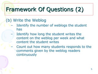 Framework Of Questions (2) (b) Write the Weblog   Identify the number of weblogs the student has Identify how long the student writes the content on the weblog per week and what content the student writes Count out how many students responds to the comments given by the weblog readers continuously 