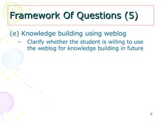 Framework Of Questions (5) (e) Knowledge building using weblog   Clarify whether the student is willing to use the weblog for knowledge building in future 