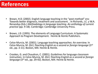 References 
• Brown, H.D. (2002). English language teaching in the “post-method” era: 
Towards better diagnosis, treatment and assessment. . In Richards, J.C. y W.A. 
Renandya (Eds.) Methodology in language teaching. An anthology of current 
practice (pp. 9-18). Cambridge: Cambridge University Press. 
• Brown, J.D. (1995). The elements of Language Curriculum: A Systematic 
Approach to Program Development. Heinle & Heinle Publishers. 
• Celce-Murcia, M. (2001). Language teaching approaches: An overview. In 
Celce-Murcia, M. (Ed.) Teaching English as a second or foreign language (3rd 
ed., pp. 3-11). Boston, MA: Heinle & Heinle. 
• Crookes, G. and Chaudron, C. (2001). Guidelines for language classroom 
instruction. In Celce-Murcia, M. (Ed.) Teaching English as a second or foreign 
language (3rd ed., pp. 29-42). Boston, MA: Heinle & Heinle. 
 