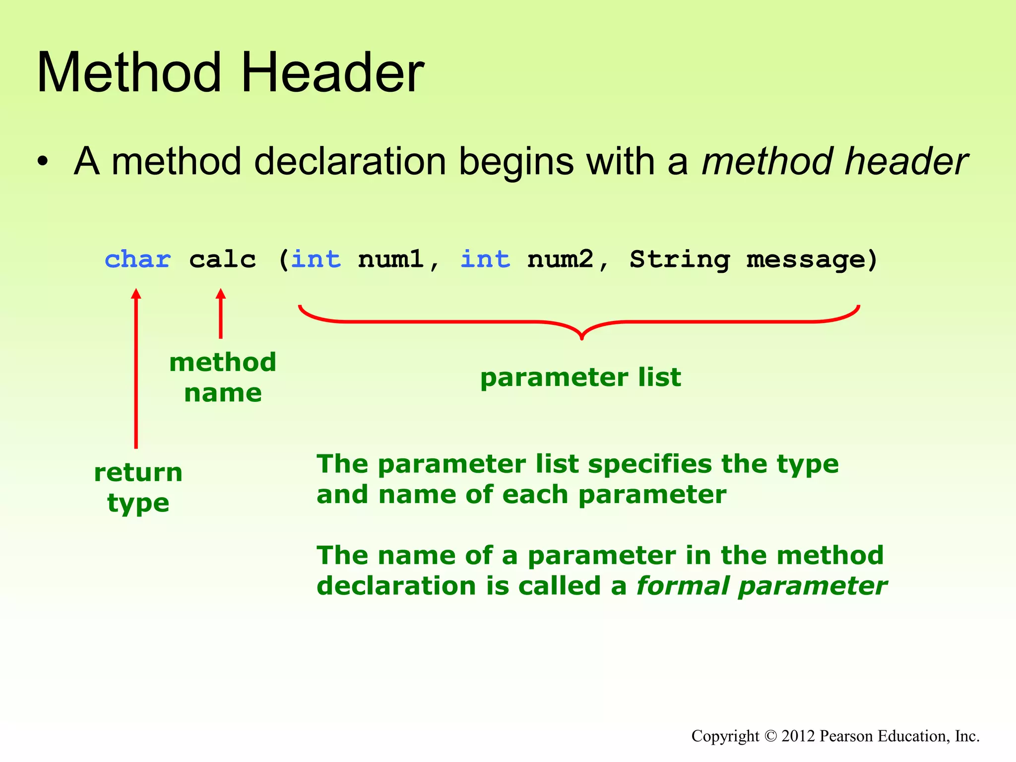 Method Header
• A method declaration begins with a method header
char calc (int num1, int num2, String message)
method
name
return
type
parameter list
The parameter list specifies the type
and name of each parameter
The name of a parameter in the method
declaration is called a formal parameter
Copyright © 2012 Pearson Education, Inc.
 