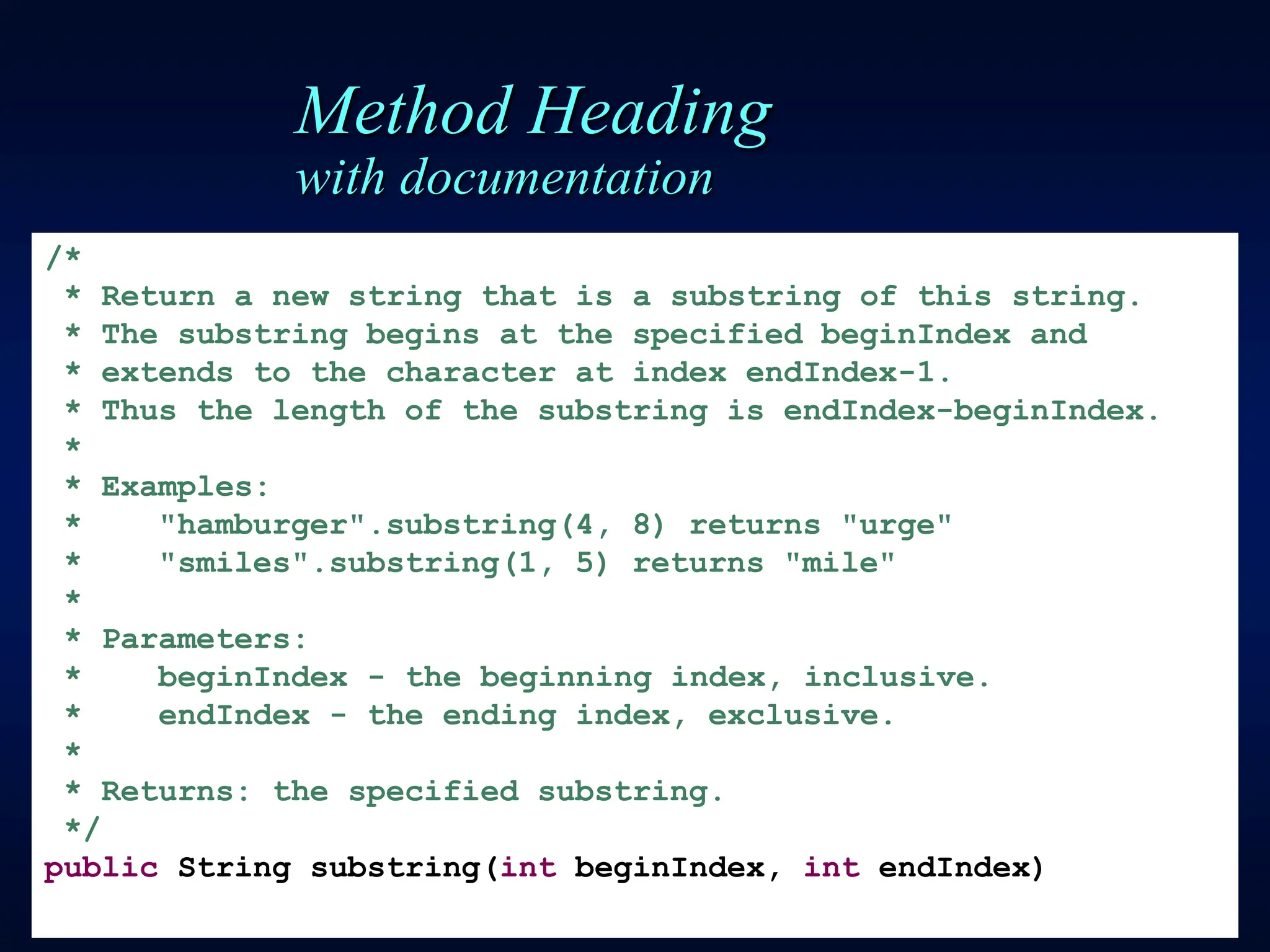 Method Heading
with documentation
/*
* Return a new string that is a substring of this string.
* The substring begins at the specified beginIndex and
* extends to the character at index endIndex-1.
* Thus the length of the substring is endIndex-beginIndex.
*
* Examples:
* "hamburger".substring(4, 8) returns "urge"
* "smiles".substring(1, 5) returns "mile"
*
* Parameters:
* beginIndex - the beginning index, inclusive.
* endIndex - the ending index, exclusive.
*
* Returns: the specified substring.
*/
public String substring(int beginIndex, int endIndex)
 
