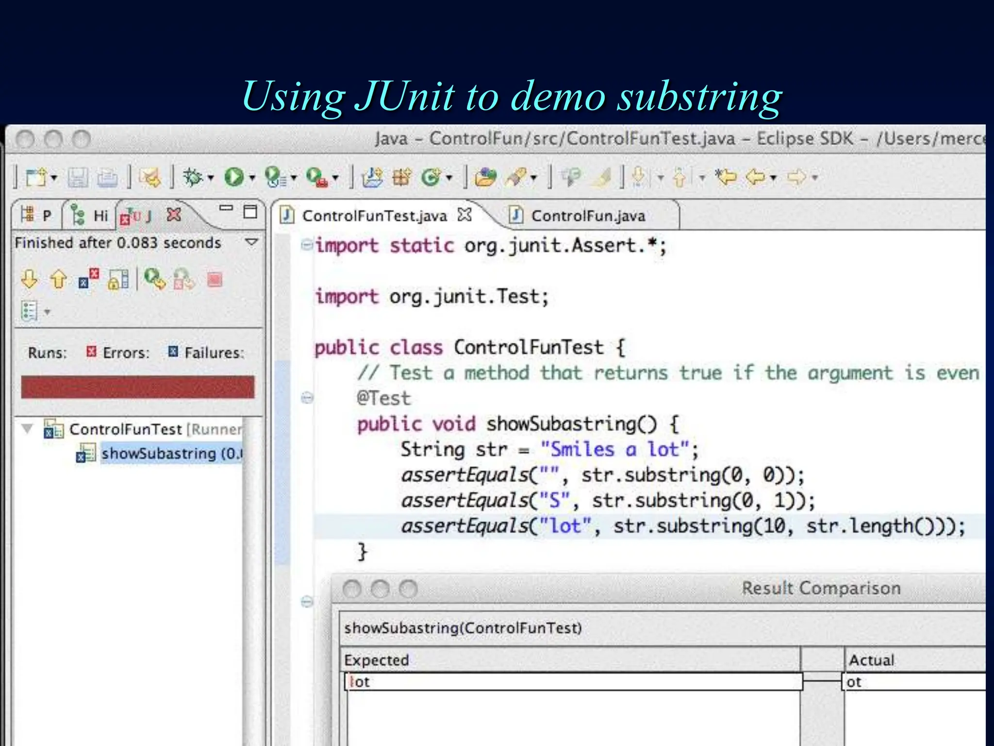 Using JUnit to demo substring
 
