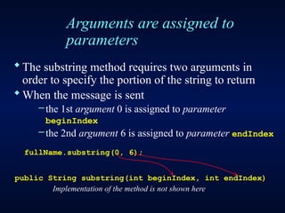 Arguments are assigned to
parameters
The substring method requires two arguments in
order to specify the portion of the string to return
When the message is sent
–the 1st argument 0 is assigned to parameter
beginIndex
–the 2nd argument 6 is assigned to parameter endIndex
fullName.substring(0, 6);
public String substring(int beginIndex, int endIndex)
Implementation of the method is not shown here
 