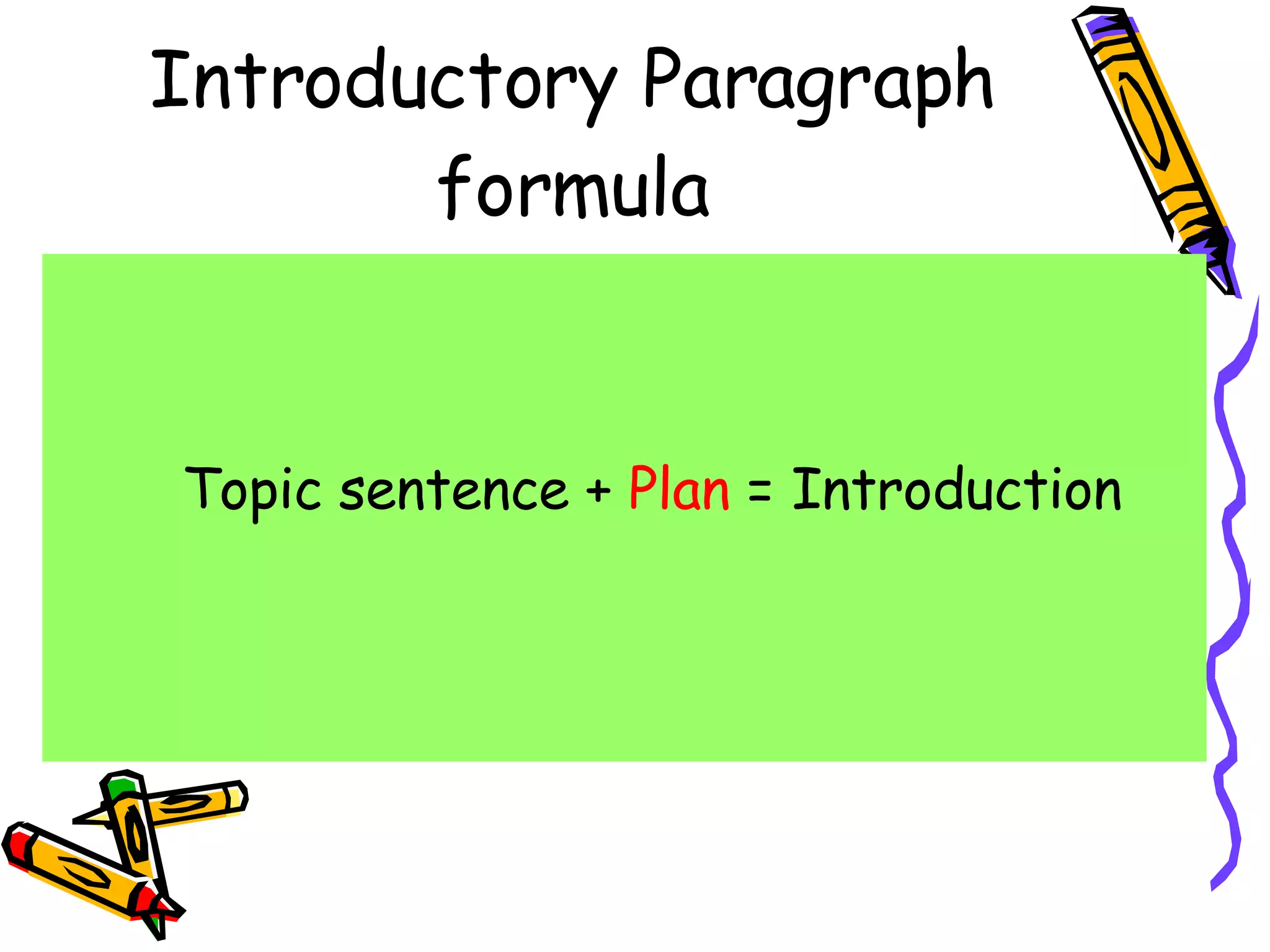 Introductory Paragraph formula Topic sentence +  Plan  = Introduction 