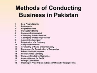Methods of Conducting Business in Pakistan ,[object Object],[object Object],[object Object],[object Object],[object Object],[object Object],[object Object],[object Object],[object Object],[object Object],[object Object],[object Object],[object Object],[object Object],[object Object],[object Object],[object Object],[object Object]