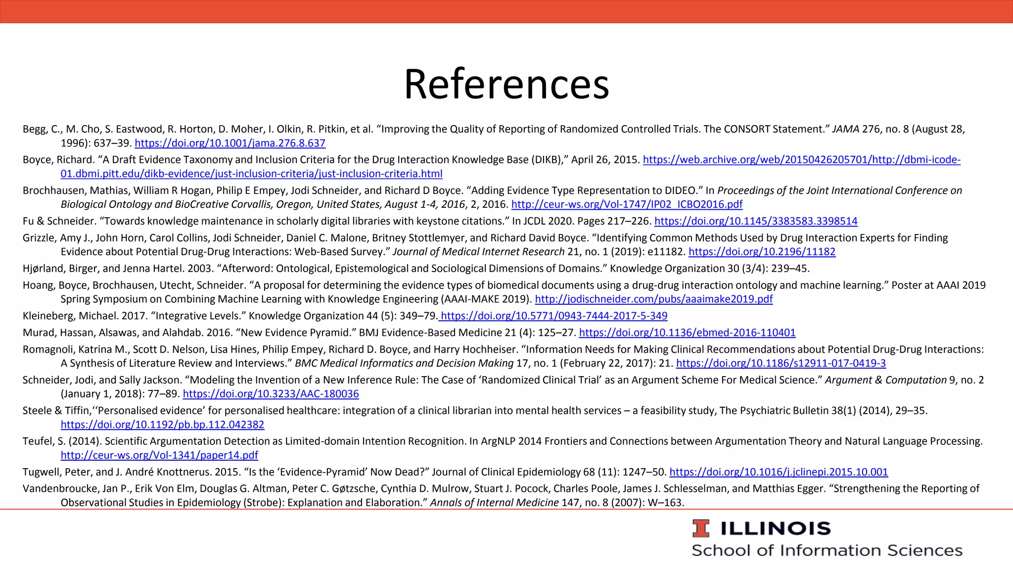 References
Begg, C., M. Cho, S. Eastwood, R. Horton, D. Moher, I. Olkin, R. Pitkin, et al. “Improving the Quality of Reporting of Randomized Controlled Trials. The CONSORT Statement.” JAMA 276, no. 8 (August 28,
1996): 637–39. https://doi.org/10.1001/jama.276.8.637
Boyce, Richard. “A Draft Evidence Taxonomy and Inclusion Criteria for the Drug Interaction Knowledge Base (DIKB),” April 26, 2015. https://web.archive.org/web/20150426205701/http://dbmi-icode-
01.dbmi.pitt.edu/dikb-evidence/just-inclusion-criteria/just-inclusion-criteria.html
Brochhausen, Mathias, William R Hogan, Philip E Empey, Jodi Schneider, and Richard D Boyce. “Adding Evidence Type Representation to DIDEO.” In Proceedings of the Joint International Conference on
Biological Ontology and BioCreative Corvallis, Oregon, United States, August 1-4, 2016, 2, 2016. http://ceur-ws.org/Vol-1747/IP02_ICBO2016.pdf
Fu & Schneider. “Towards knowledge maintenance in scholarly digital libraries with keystone citations.” In JCDL 2020. Pages 217–226. https://doi.org/10.1145/3383583.3398514
Grizzle, Amy J., John Horn, Carol Collins, Jodi Schneider, Daniel C. Malone, Britney Stottlemyer, and Richard David Boyce. “Identifying Common Methods Used by Drug Interaction Experts for Finding
Evidence about Potential Drug-Drug Interactions: Web-Based Survey.” Journal of Medical Internet Research 21, no. 1 (2019): e11182. https://doi.org/10.2196/11182
Hjørland, Birger, and Jenna Hartel. 2003. “Afterword: Ontological, Epistemological and Sociological Dimensions of Domains.” Knowledge Organization 30 (3/4): 239–45.
Hoang, Boyce, Brochhausen, Utecht, Schneider. “A proposal for determining the evidence types of biomedical documents using a drug-drug interaction ontology and machine learning.” Poster at AAAI 2019
Spring Symposium on Combining Machine Learning with Knowledge Engineering (AAAI-MAKE 2019). http://jodischneider.com/pubs/aaaimake2019.pdf
Kleineberg, Michael. 2017. “Integrative Levels.” Knowledge Organization 44 (5): 349–79. https://doi.org/10.5771/0943-7444-2017-5-349
Murad, Hassan, Alsawas, and Alahdab. 2016. “New Evidence Pyramid.” BMJ Evidence-Based Medicine 21 (4): 125–27. https://doi.org/10.1136/ebmed-2016-110401
Romagnoli, Katrina M., Scott D. Nelson, Lisa Hines, Philip Empey, Richard D. Boyce, and Harry Hochheiser. “Information Needs for Making Clinical Recommendations about Potential Drug-Drug Interactions:
A Synthesis of Literature Review and Interviews.” BMC Medical Informatics and Decision Making 17, no. 1 (February 22, 2017): 21. https://doi.org/10.1186/s12911-017-0419-3
Schneider, Jodi, and Sally Jackson. “Modeling the Invention of a New Inference Rule: The Case of ‘Randomized Clinical Trial’ as an Argument Scheme For Medical Science.” Argument & Computation 9, no. 2
(January 1, 2018): 77–89. https://doi.org/10.3233/AAC-180036
Steele & Tiffin,‘‘Personalised evidence’ for personalised healthcare: integration of a clinical librarian into mental health services – a feasibility study, The Psychiatric Bulletin 38(1) (2014), 29–35.
https://doi.org/10.1192/pb.bp.112.042382
Teufel, S. (2014). Scientific Argumentation Detection as Limited-domain Intention Recognition. In ArgNLP 2014 Frontiers and Connections between Argumentation Theory and Natural Language Processing.
http://ceur-ws.org/Vol-1341/paper14.pdf
Tugwell, Peter, and J. André Knottnerus. 2015. “Is the ‘Evidence-Pyramid’ Now Dead?” Journal of Clinical Epidemiology 68 (11): 1247–50. https://doi.org/10.1016/j.jclinepi.2015.10.001
Vandenbroucke, Jan P., Erik Von Elm, Douglas G. Altman, Peter C. Gøtzsche, Cynthia D. Mulrow, Stuart J. Pocock, Charles Poole, James J. Schlesselman, and Matthias Egger. “Strengthening the Reporting of
Observational Studies in Epidemiology (Strobe): Explanation and Elaboration.” Annals of Internal Medicine 147, no. 8 (2007): W–163.
 