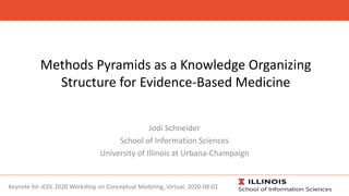 Methods Pyramids as a Knowledge Organizing
Structure for Evidence-Based Medicine
Jodi Schneider
School of Information Sciences
University of Illinois at Urbana-Champaign
Keynote for JCDL 2020 Workshop on Conceptual Modeling, Virtual, 2020-08-01
 