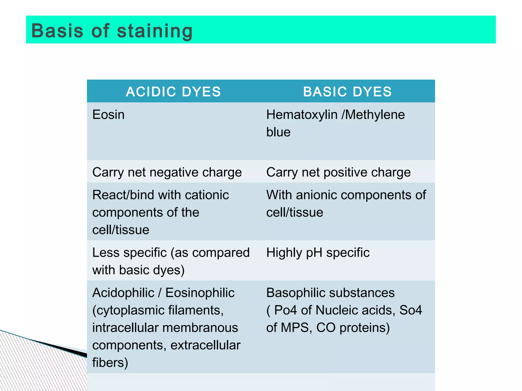 Basis of staining


              ACIDIC DYES                BASIC DYES
      Eosin                        Hematoxylin /Methylene
                                   blue


      Carry net negative charge    Carry net positive charge
      React/bind with cationic     With anionic components of
      components of the            cell/tissue
      cell/tissue
      Less specific (as compared   Highly pH specific
      with basic dyes)
      Acidophilic / Eosinophilic   Basophilic substances
      (cytoplasmic filaments,      ( Po4 of Nucleic acids, So4
      intracellular membranous     of MPS, CO proteins)
      components, extracellular
      fibers)
 
