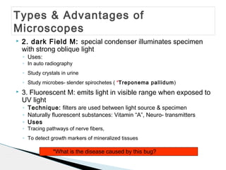 Types & Advantages of
Microscopes
   2. dark Field M: special condenser illuminates specimen
    with strong oblique light
    ◦ Uses:
    ◦ In auto radiography
    ◦ Study crystals in urine
    ◦ Study microbes- slender spirochetes ( *Treponema pallidum )
   3. Fluorescent M: emits light in visible range when exposed to
    UV light
    ◦ Technique: filters are used between light source & specimen
    ◦ Naturally fluorescent substances: Vitamin “A”, Neuro- transmitters
    ◦ Uses
    ◦ Tracing pathways of nerve fibers,
    ◦ To detect growth markers of mineralized tissues

                 *What is the disease caused by this bug?
 