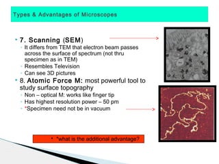 Types & Advantages of Microscopes



   7. Scanning (SEM)
    ◦ It differs from TEM that electron beam passes
      across the surface of spectrum (not thru
      specimen as in TEM)
    ◦ Resembles Television
    ◦ Can see 3D pictures
   8. Atomic Force M: most powerful tool to
    study surface topography
    ◦ Non – optical M: works like finger tip
    ◦ Has highest resolution power – 50 pm
    ◦ *Specimen need not be in vacuum




                • *what is the additional advantage?
 