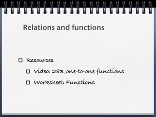 Relations and functions



Resources
   Video: 283_one-to-one functions
   Worksheet: Functions
 