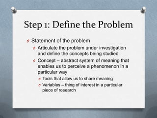 Step 1: Define the Problem<br />Statement of the problem<br />Articulate the problem under investigation and define the co...