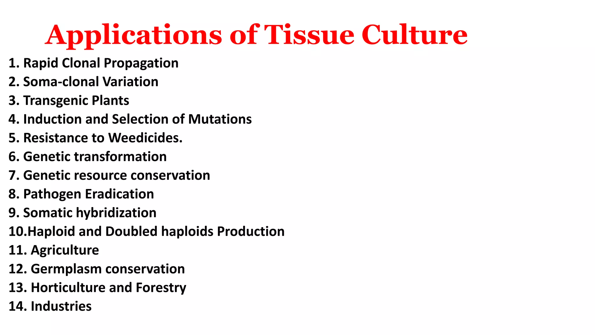 Applications of Tissue Culture
1. Rapid Clonal Propagation
2. Soma-clonal Variation
3. Transgenic Plants
4. Induction and Selection of Mutations
5. Resistance to Weedicides.
6. Genetic transformation
7. Genetic resource conservation
8. Pathogen Eradication
9. Somatic hybridization
10.Haploid and Doubled haploids Production
11. Agriculture
12. Germplasm conservation
13. Horticulture and Forestry
14. Industries
 