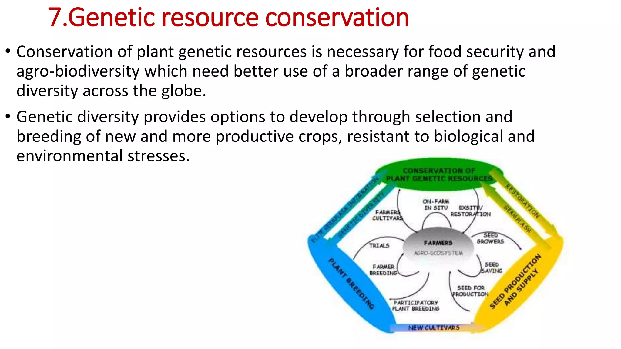 7.Genetic resource conservation
• Conservation of plant genetic resources is necessary for food security and
agro-biodiversity which need better use of a broader range of genetic
diversity across the globe.
• Genetic diversity provides options to develop through selection and
breeding of new and more productive crops, resistant to biological and
environmental stresses.
 