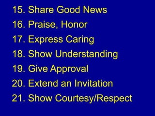 15. Share Good News
16. Praise, Honor
17. Express Caring
18. Show Understanding
19. Give Approval
20. Extend an Invitation
21. Show Courtesy/Respect
 