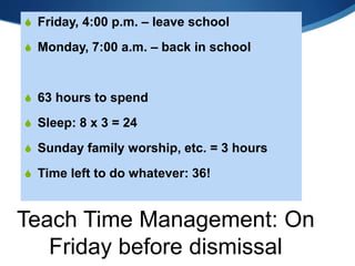 Teach Time Management: On
Friday before dismissal
 Friday, 4:00 p.m. – leave school
 Monday, 7:00 a.m. – back in school
 63 hours to spend
 Sleep: 8 x 3 = 24
 Sunday family worship, etc. = 3 hours
 Time left to do whatever: 36!
 