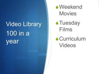 Video Library
Weekend
Movies
Tuesday
Films
Curriculum
Videos
100 in a
year
 
