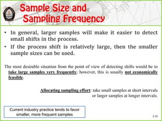 • In general, larger samples will make it easier to detect
small shifts in the process.
• If the process shift is relatively large, then the smaller
sample sizes can be used.
The most desirable situation from the point of view of detecting shifts would be to
take large samples very frequently; however, this is usually not economically
feasible.
Allocating sampling effort: take small samples at short intervals
or larger samples at longer intervals.
Current industry practice tends to favor
smaller, more frequent samples 2-19
 