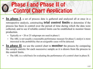 • In phase I, a set of process data is gathered and analyzed all at once in a
retrospective analysis, constructing trial control limits to determine if the
process has been in control over the period of time during which the data were
collected, and to see if reliable control limits can be established to monitor future
production.
– Typically m = 20 or 25 subgroups are used in phase I.
– The ARL is not usually a reasonable performance measure for phase I; analyst is more
interested in the probability that an assignable cause will be detected.
• In phase II, we use the control chart to monitor the process by comparing
the sample statistic for each successive sample as it is drawn from the process to
the control limits.
– The ARL is a valid basis for evaluating the performance of a control chart in phase II.
2-27
 