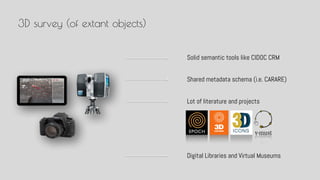 Digital Libraries and Virtual Museums
Solid semantic tools like CIDOC CRM
Lot of literature and projects
3D survey (of extant objects)
Shared metadata schema (i.e. CARARE)
 