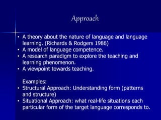 Approach
• A theory about the nature of language and language
learning. (Richards & Rodgers 1986)
• A model of language competence.
• A research paradigm to explore the teaching and
learning phenomenon.
• A viewpoint towards teaching.
Examples:
• Structural Approach: Understanding form (patterns
and structure)
• Situational Approach: what real-life situations each
particular form of the target language corresponds to.
 