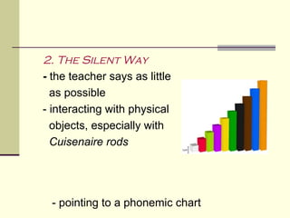 2. The Silent Way
- the teacher says as little
  as possible
- interacting with physical
  objects, especially with
  Cuisenaire rods




  - pointing to a phonemic chart
 