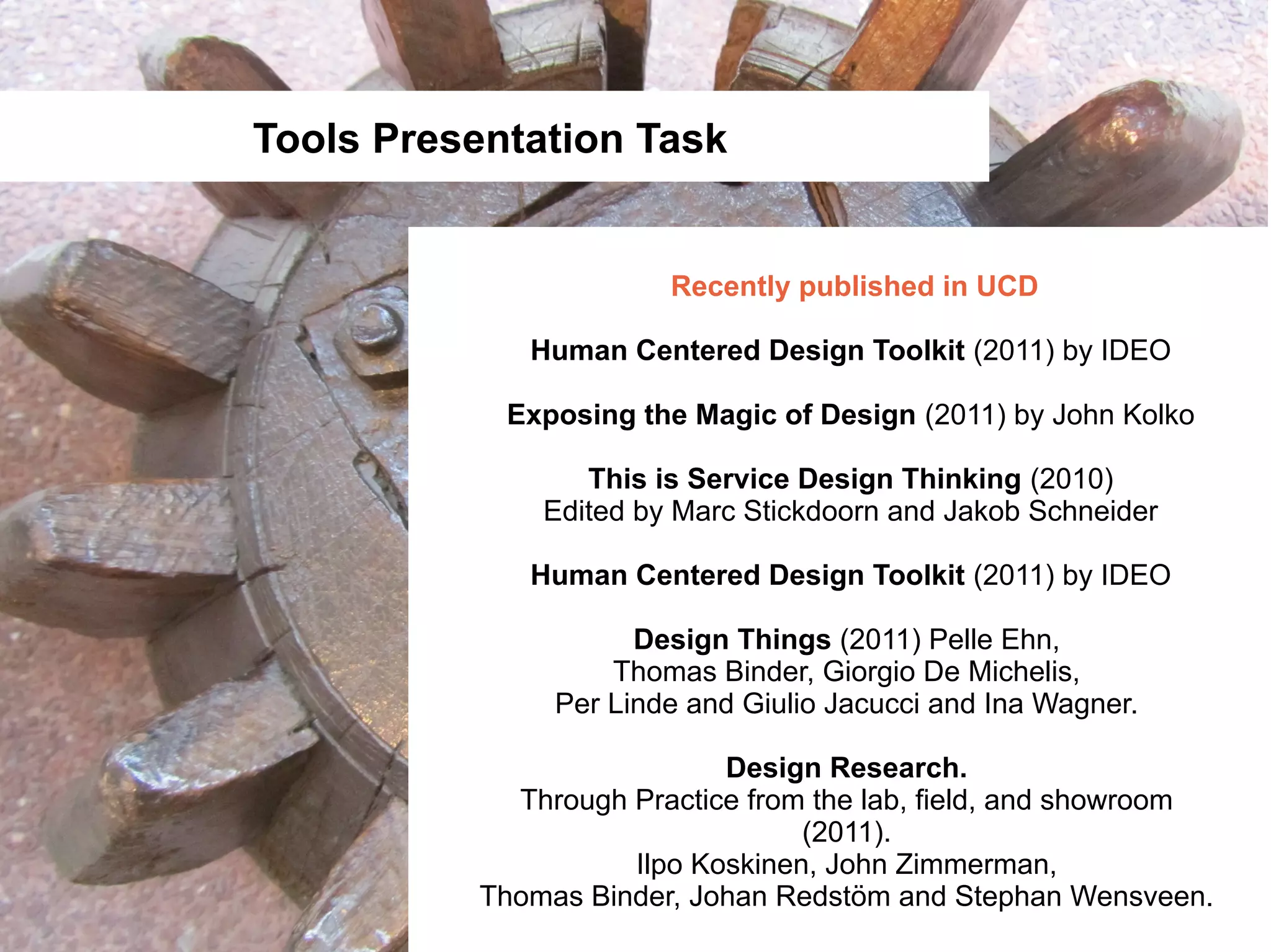 Tools Presentation Task


                       Recently published in UCD

             Human Centered Design Toolkit (2011) by IDEO

            Exposing the Magic of Design (2011) by John Kolko

                 This is Service Design Thinking (2010)
              Edited by Marc Stickdoorn and Jakob Schneider

             Human Centered Design Toolkit (2011) by IDEO

                     Design Things (2011) Pelle Ehn,
                   Thomas Binder, Giorgio De Michelis,
               Per Linde and Giulio Jacucci and Ina Wagner.

                           Design Research.
            Through Practice from the lab, field, and showroom
                                 (2011).
                    Ilpo Koskinen, John Zimmerman,
          Thomas Binder, Johan Redstöm and Stephan Wensveen.
 