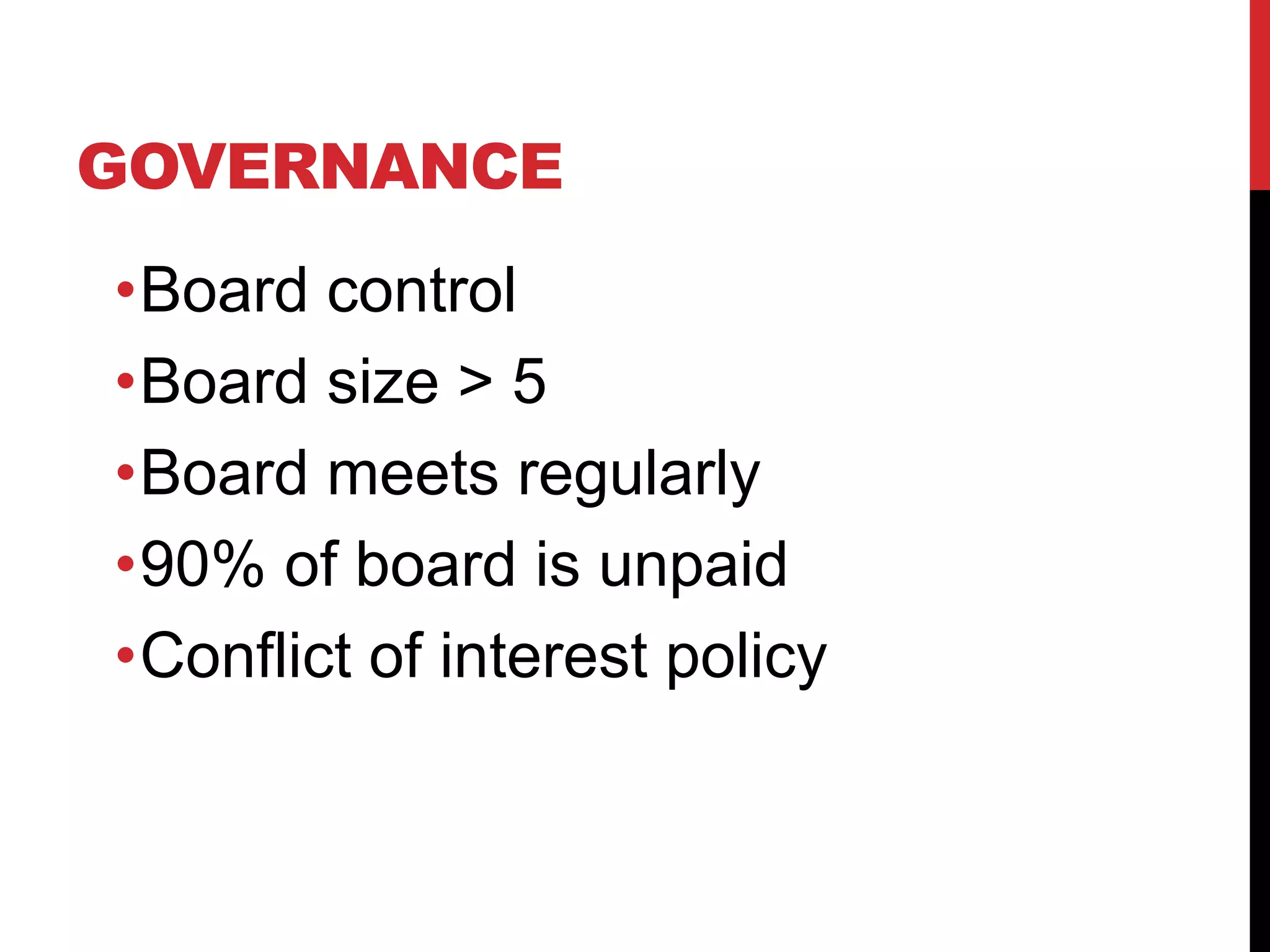 GOVERNANCE
•Board control
•Board size > 5
•Board meets regularly
•90% of board is unpaid
•Conflict of interest policy
 