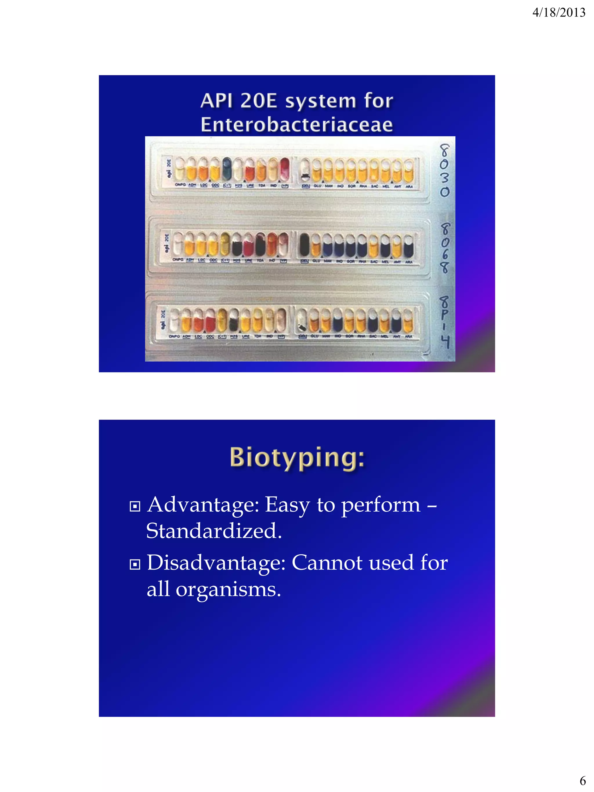 4/18/2013
6
 Advantage: Easy to perform –
Standardized.
 Disadvantage: Cannot used for
all organisms.
 