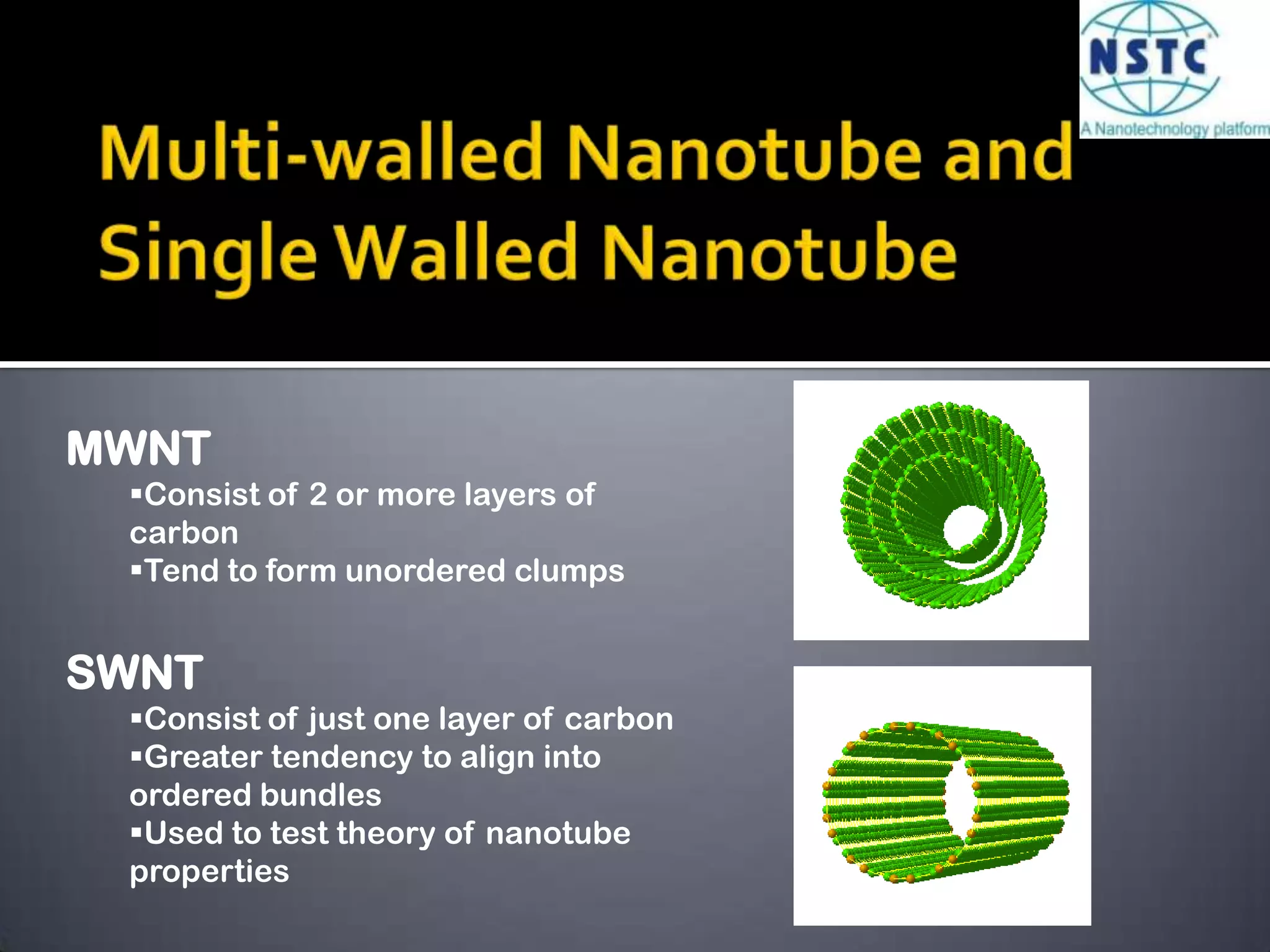  Can have caps at the ends making them look like pillsCarbon Nanotubes CNT exhibits extraordinary mechanical properties:  Young’s modulus over 1 Tera Pascal, as stiff as diamond, and tensile strength ~ 200 GPa. CNT can be metallic or semiconducting, depending on (m-n)/3 is an integer (metallic)