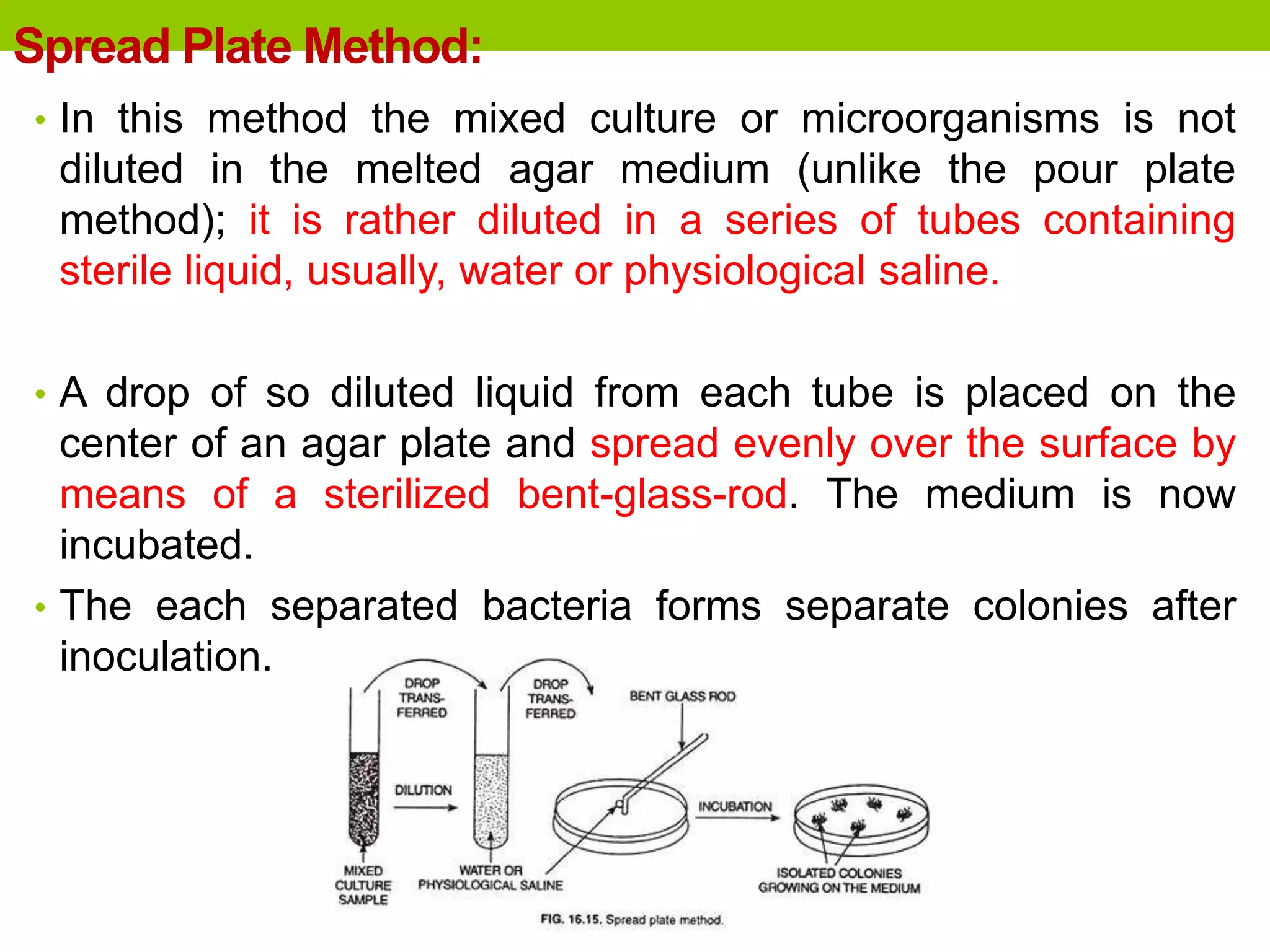Spread Plate Method:
• In this method the mixed culture or microorganisms is not
diluted in the melted agar medium (unlike the pour plate
method); it is rather diluted in a series of tubes containing
sterile liquid, usually, water or physiological saline.
• A drop of so diluted liquid from each tube is placed on the
center of an agar plate and spread evenly over the surface by
means of a sterilized bent-glass-rod. The medium is now
incubated.
• The each separated bacteria forms separate colonies after
inoculation.
 