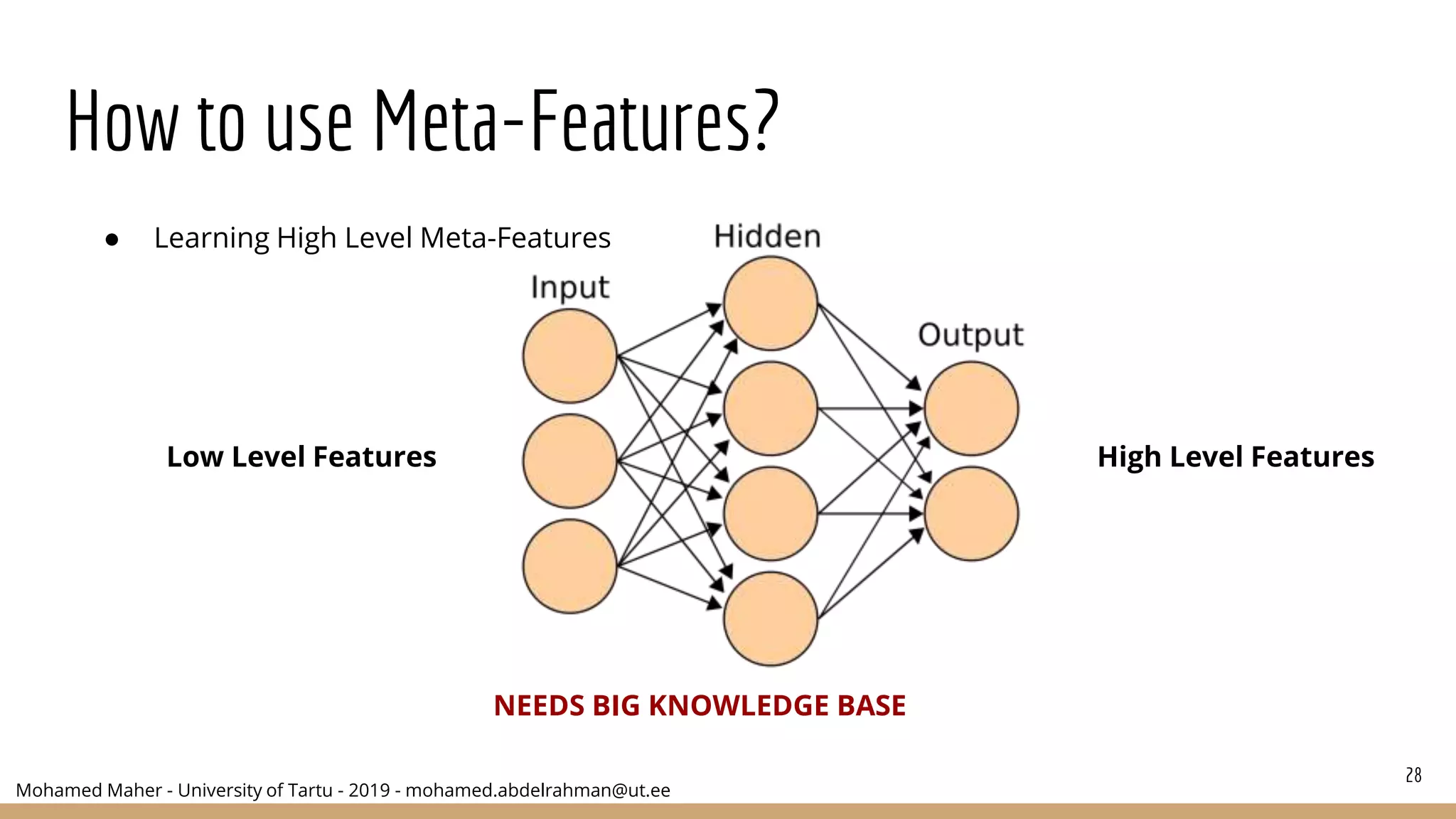 Mohamed Maher - University of Tartu - 2019 - mohamed.abdelrahman@ut.ee
How to use Meta-Features?
28
● Learning High Level Meta-Features
Low Level Features High Level Features
NEEDS BIG KNOWLEDGE BASE
 