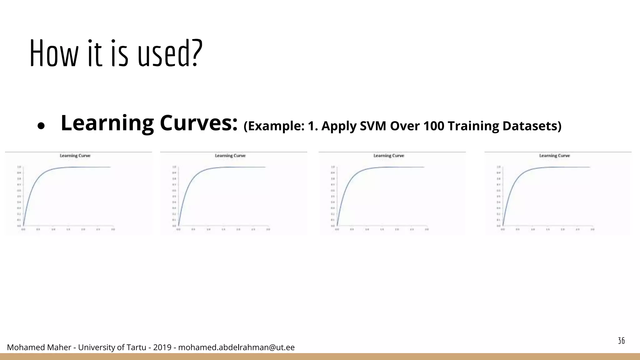 Mohamed Maher - University of Tartu - 2019 - mohamed.abdelrahman@ut.ee
How it is used?
● Learning Curves: (Example: 1. Apply SVM Over 100 Training Datasets)
36
 