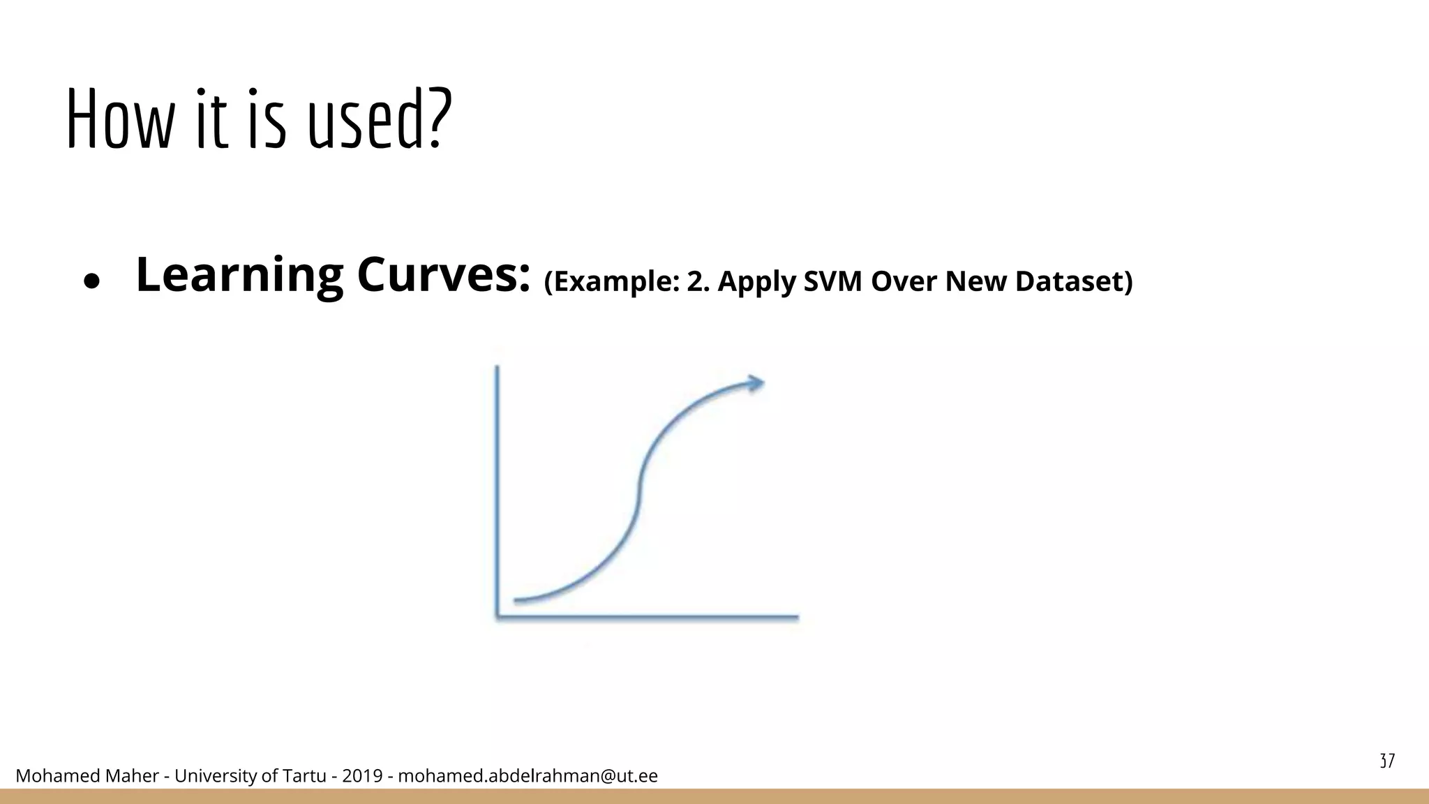 Mohamed Maher - University of Tartu - 2019 - mohamed.abdelrahman@ut.ee
How it is used?
● Learning Curves: (Example: 2. Apply SVM Over New Dataset)
37
 