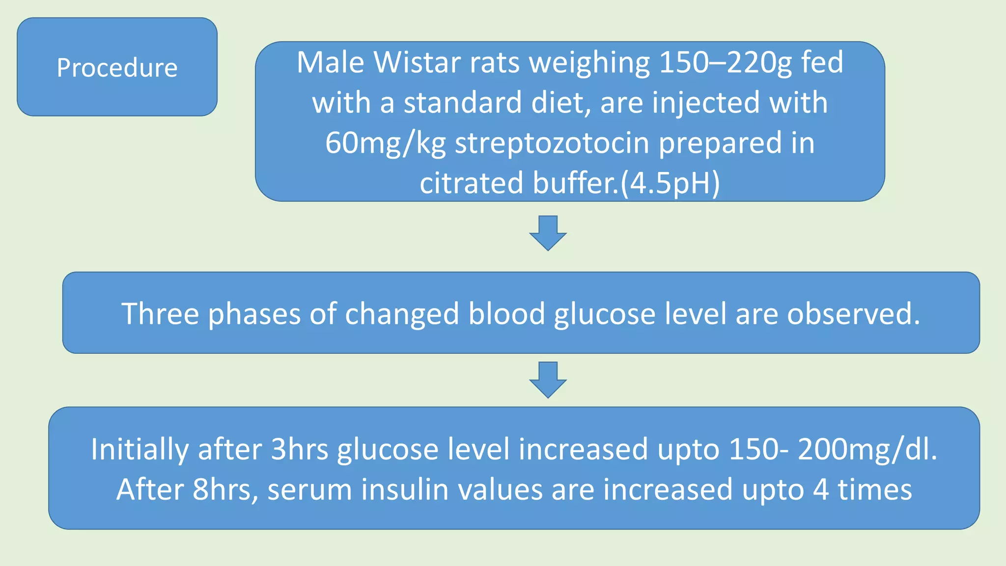 Three phases of changed blood glucose level are observed.
Initially after 3hrs glucose level increased upto 150- 200mg/dl.
After 8hrs, serum insulin values are increased upto 4 times
Male Wistar rats weighing 150–220g fed
with a standard diet, are injected with
60mg/kg streptozotocin prepared in
citrated buffer.(4.5pH)
Procedure
 