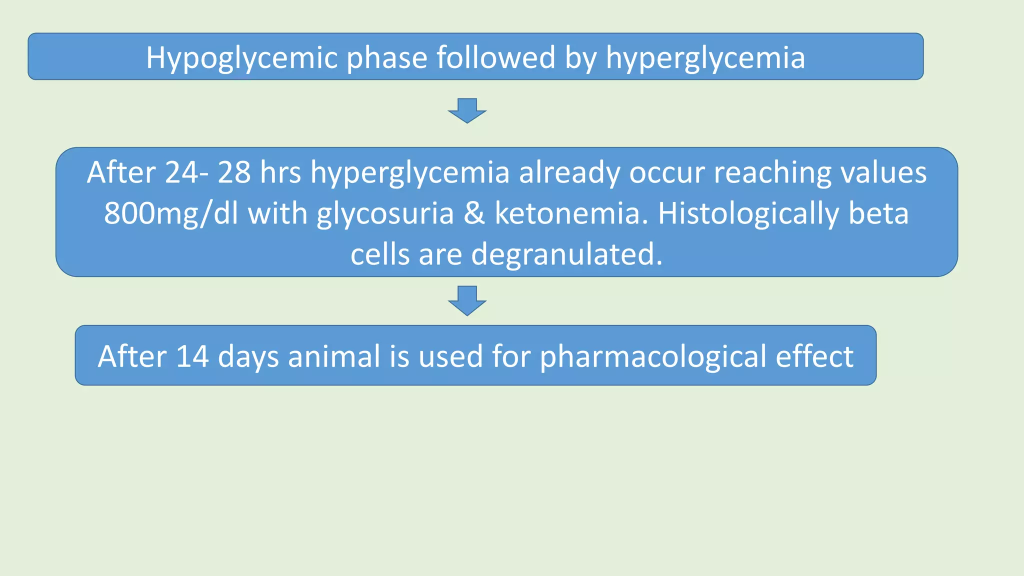 After 24- 28 hrs hyperglycemia already occur reaching values
800mg/dl with glycosuria & ketonemia. Histologically beta
cells are degranulated.
After 14 days animal is used for pharmacological effect
Hypoglycemic phase followed by hyperglycemia
 