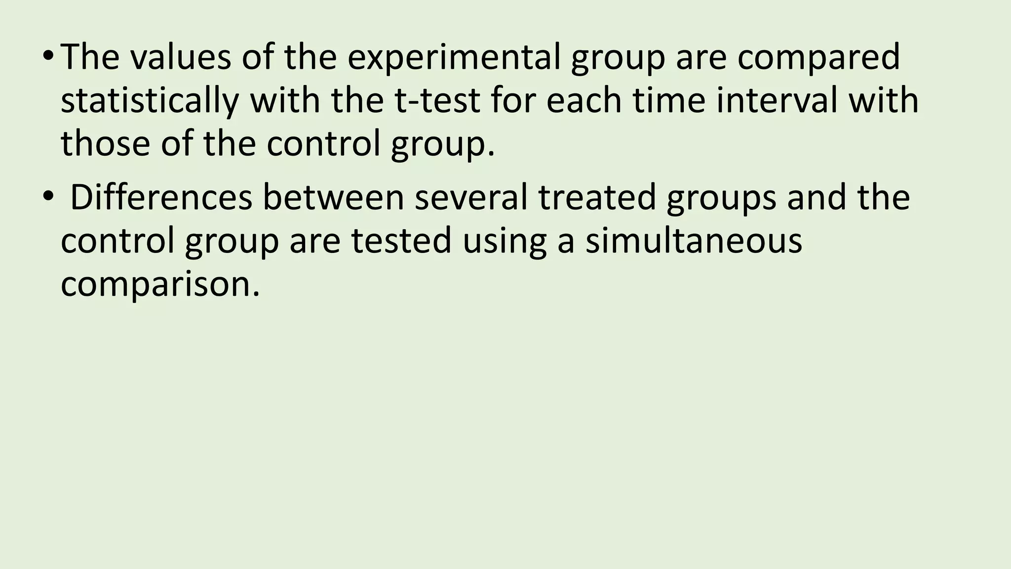 •The values of the experimental group are compared
statistically with the t-test for each time interval with
those of the control group.
• Differences between several treated groups and the
control group are tested using a simultaneous
comparison.
 