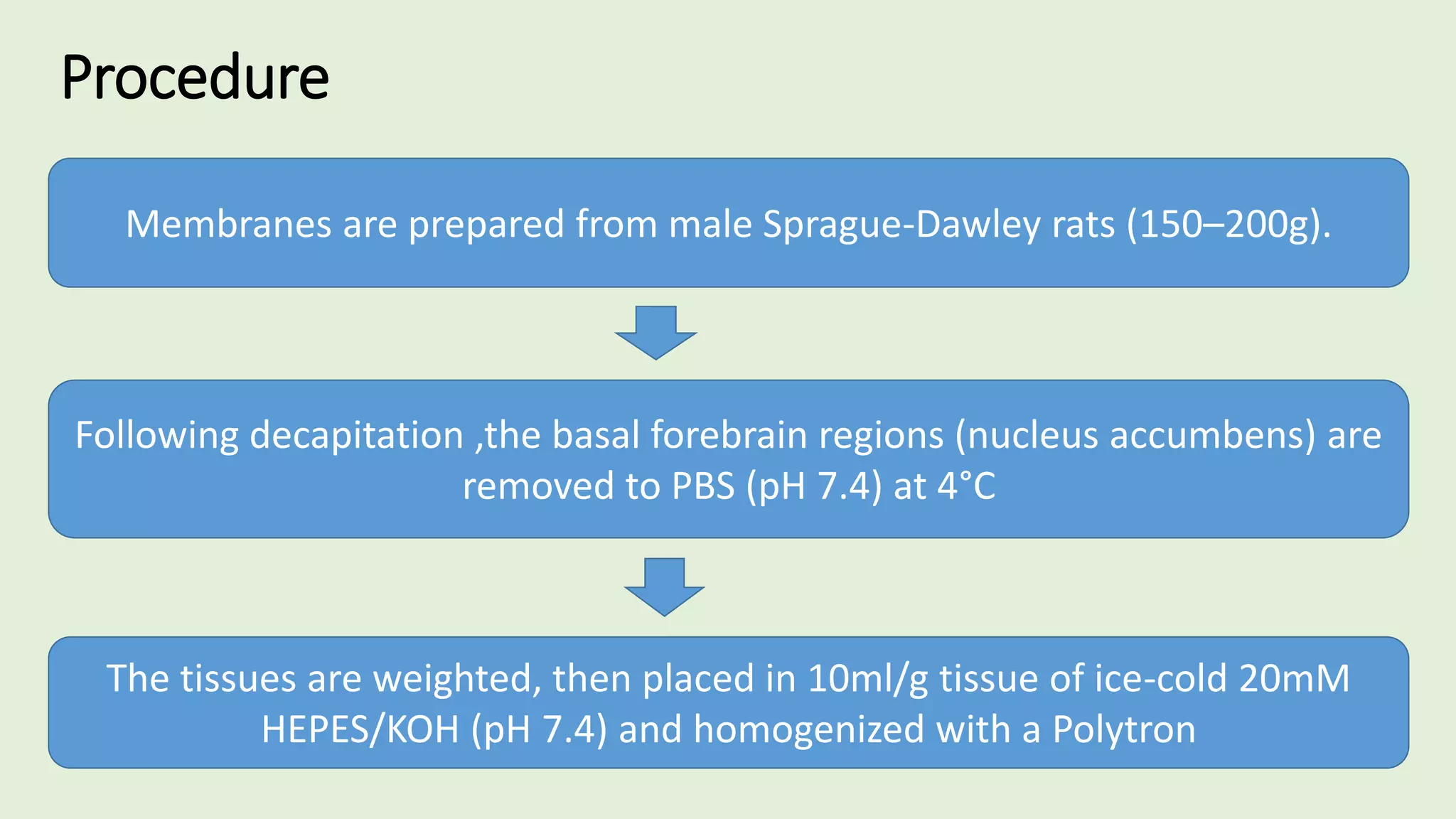 Procedure
Membranes are prepared from male Sprague-Dawley rats (150–200g).
Following decapitation ,the basal forebrain regions (nucleus accumbens) are
removed to PBS (pH 7.4) at 4°C
The tissues are weighted, then placed in 10ml/g tissue of ice-cold 20mM
HEPES/KOH (pH 7.4) and homogenized with a Polytron
 