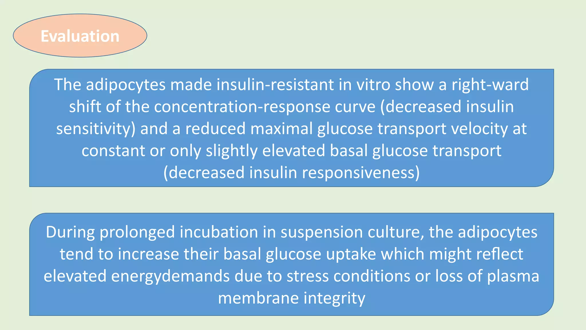 Evaluation
The adipocytes made insulin-resistant in vitro show a right-ward
shift of the concentration-response curve (decreased insulin
sensitivity) and a reduced maximal glucose transport velocity at
constant or only slightly elevated basal glucose transport
(decreased insulin responsiveness)
During prolonged incubation in suspension culture, the adipocytes
tend to increase their basal glucose uptake which might reﬂect
elevated energydemands due to stress conditions or loss of plasma
membrane integrity
 